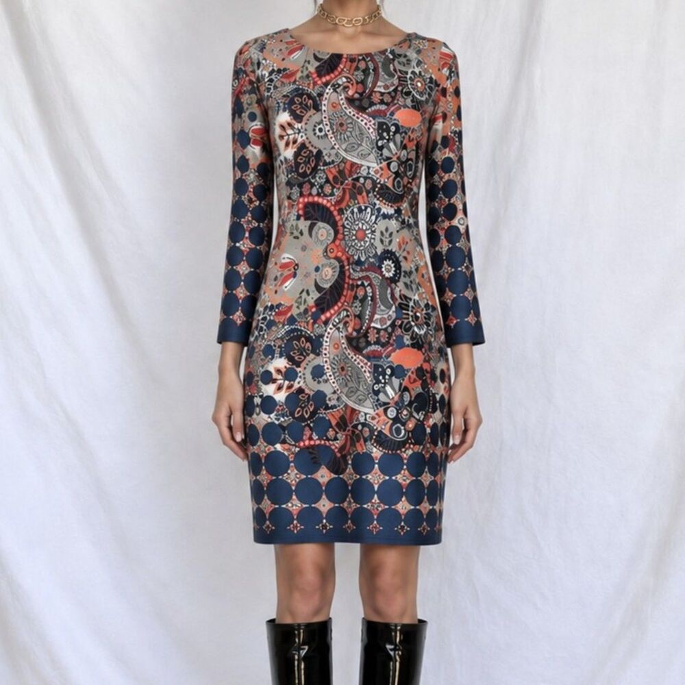 Vintage Y2K 90s Blue Gray Paisley Boho Knit Floral Print Shift Retro Mod Dress M